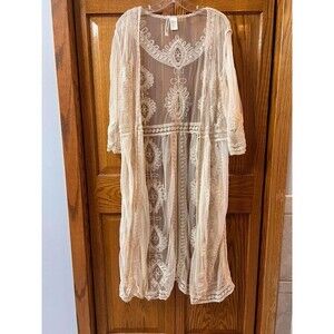Forgotten Grace Women’s L Ivory Embroidered Lace Duster Kimono Sheer Boho Long
